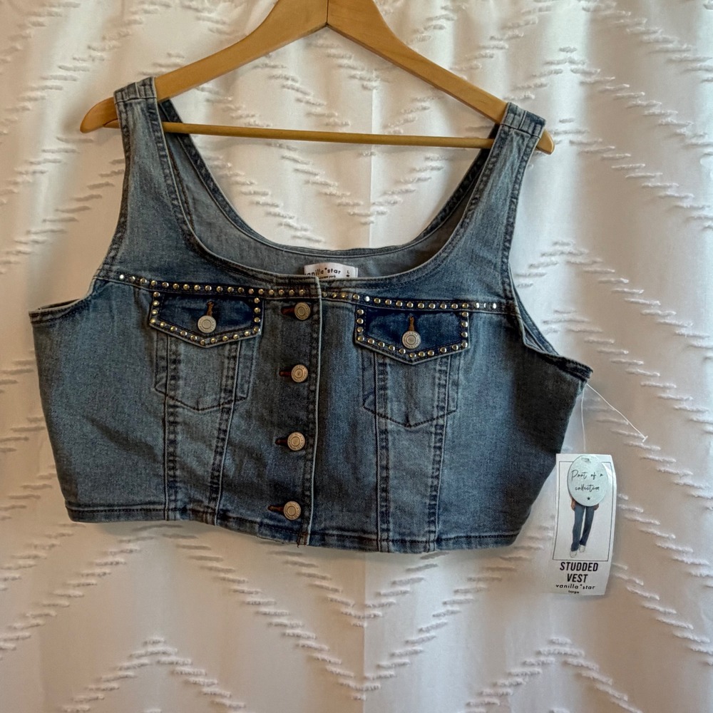 Vanilla Star Womens Studded Denim Vest Cropped Medium Wash Blue Large NWT